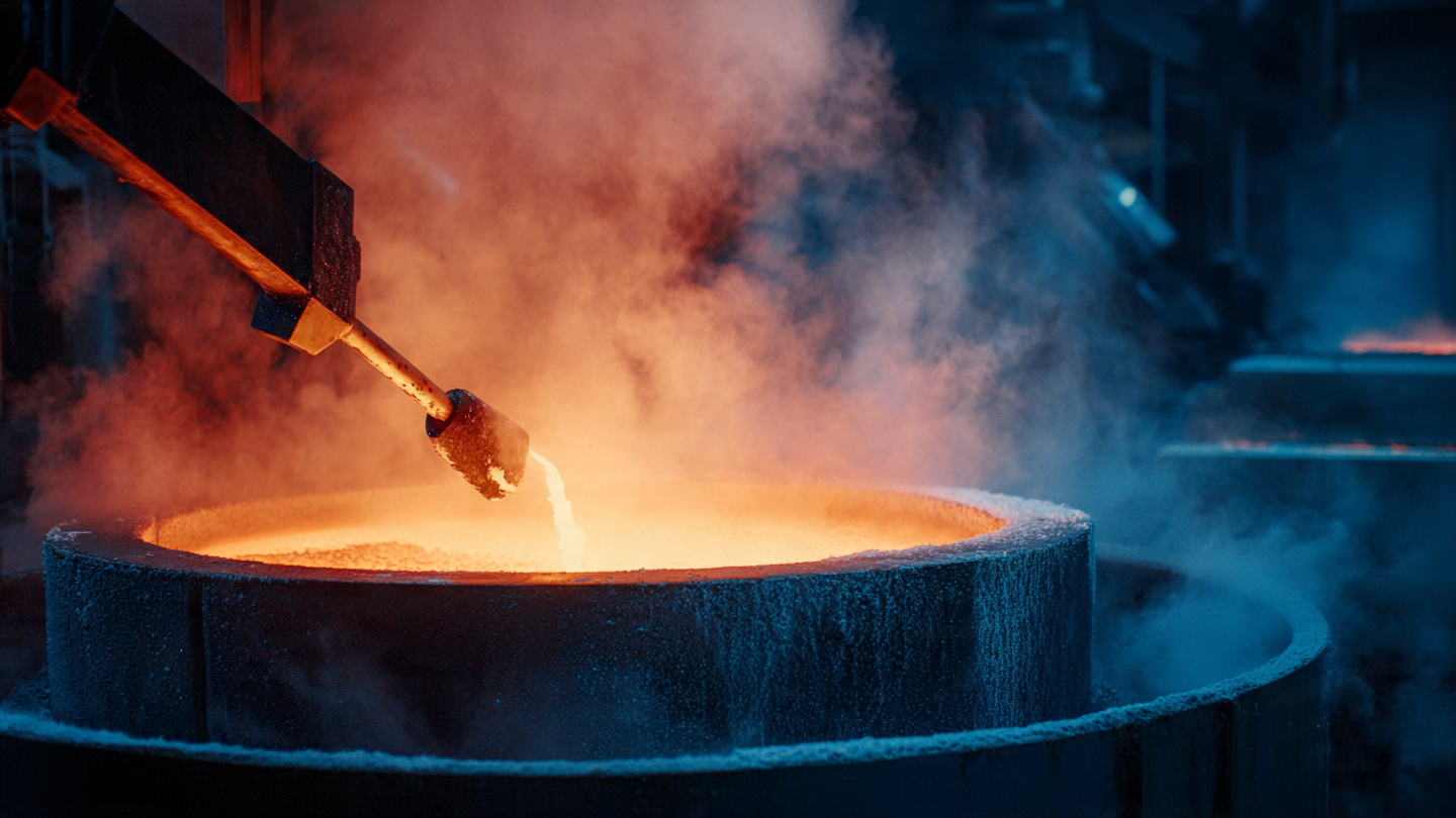 image showing thermic lancing being used to clean a ladle in a steel mill, with sparks flying and intense heat visible at the lance tip