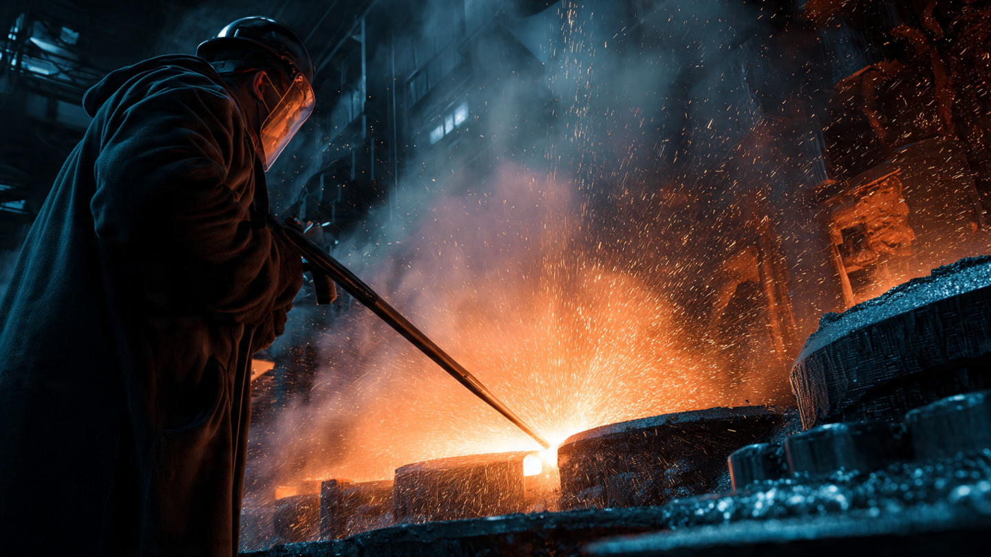 image showing thermic lancing being used in a blast furnace operation, with intense heat and sparks visible at the lance tip as it cuts through metal