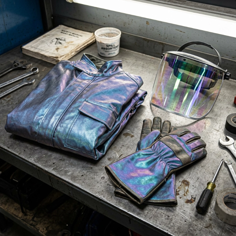 image of chemical and fire resistant personal protective equipment used in oxygen lancing applications, including a suit, gloves, and face shield designed to protect against heat and sparks