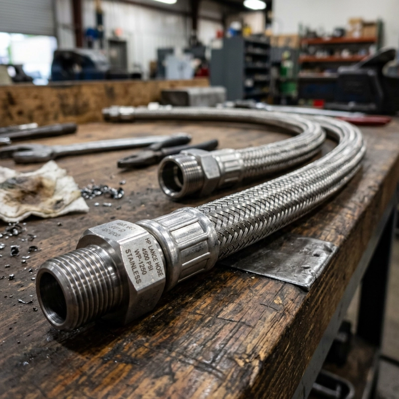 image of a wire braided lance hose used in oxygen lancing applications, showing the reinforced construction designed to withstand high pressure and heat